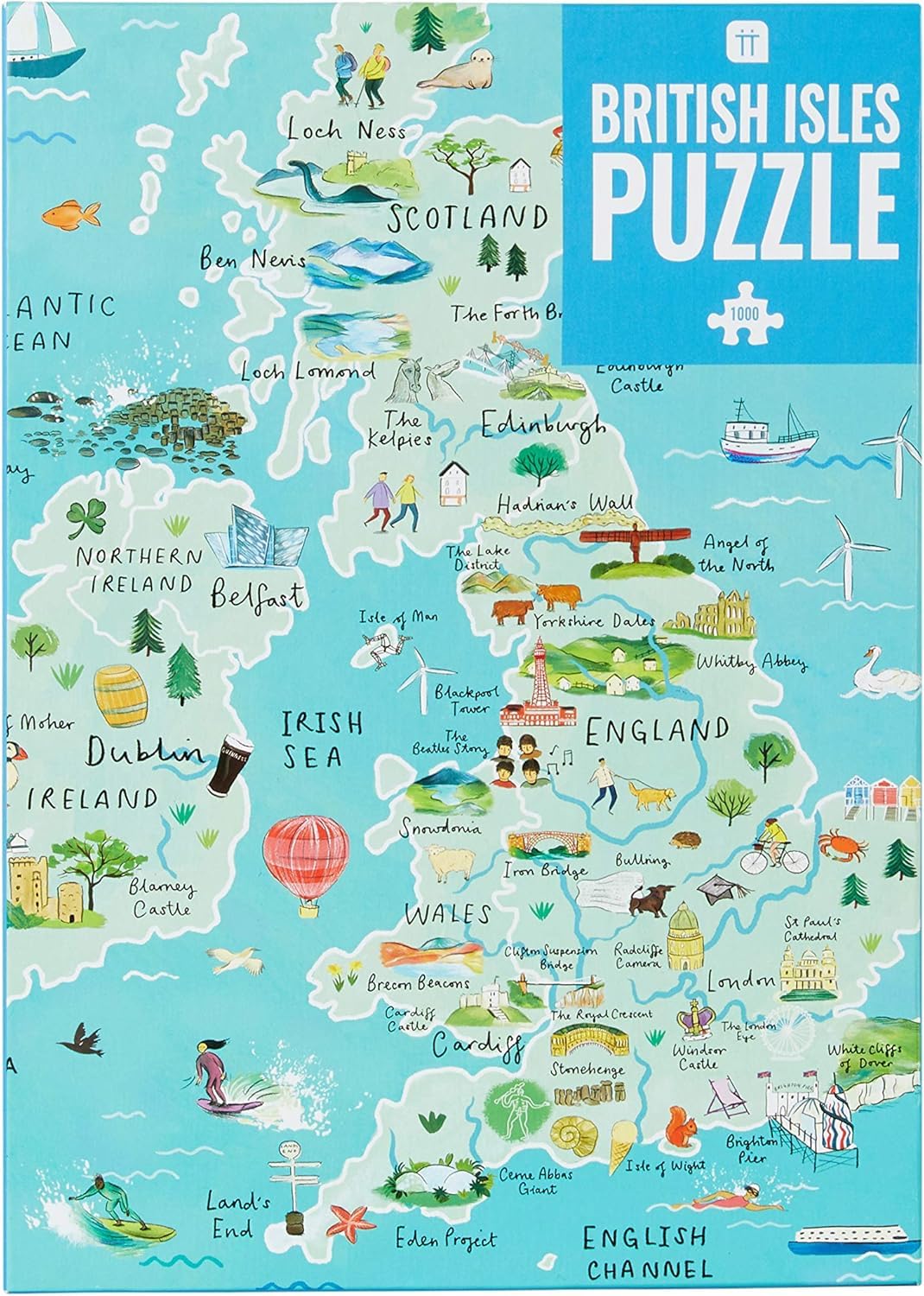1000-piece Blue UK Map British Isles Jigsaw Puzzle with Poster - Britain Landmarks - Fun at Home Activities, Birthday Present, Travel Gifts, England, Ireland, Scotland, Wales