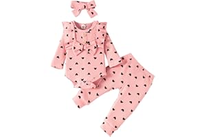 Newborn Baby Girl Clothes Love Hearts Print Ruffle Long Sleeve Bow Romper+Pants+DIY Headband Valentine Outfit Clothing Set