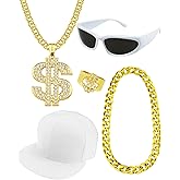 Riuziyi 5 Pack Hip Hop Costume Kit Rapper Accessories 2000s 80s 90s Outfit Fake Gold Chain Sunglasses Ring Hat for Rapper
