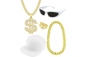 Riuziyi 5 Pack Hip Hop Costume Kit Rapper Accessories 2000s 80s 90s Outfit Fake Gold Chain Sunglasses Ring Hat for Rapper