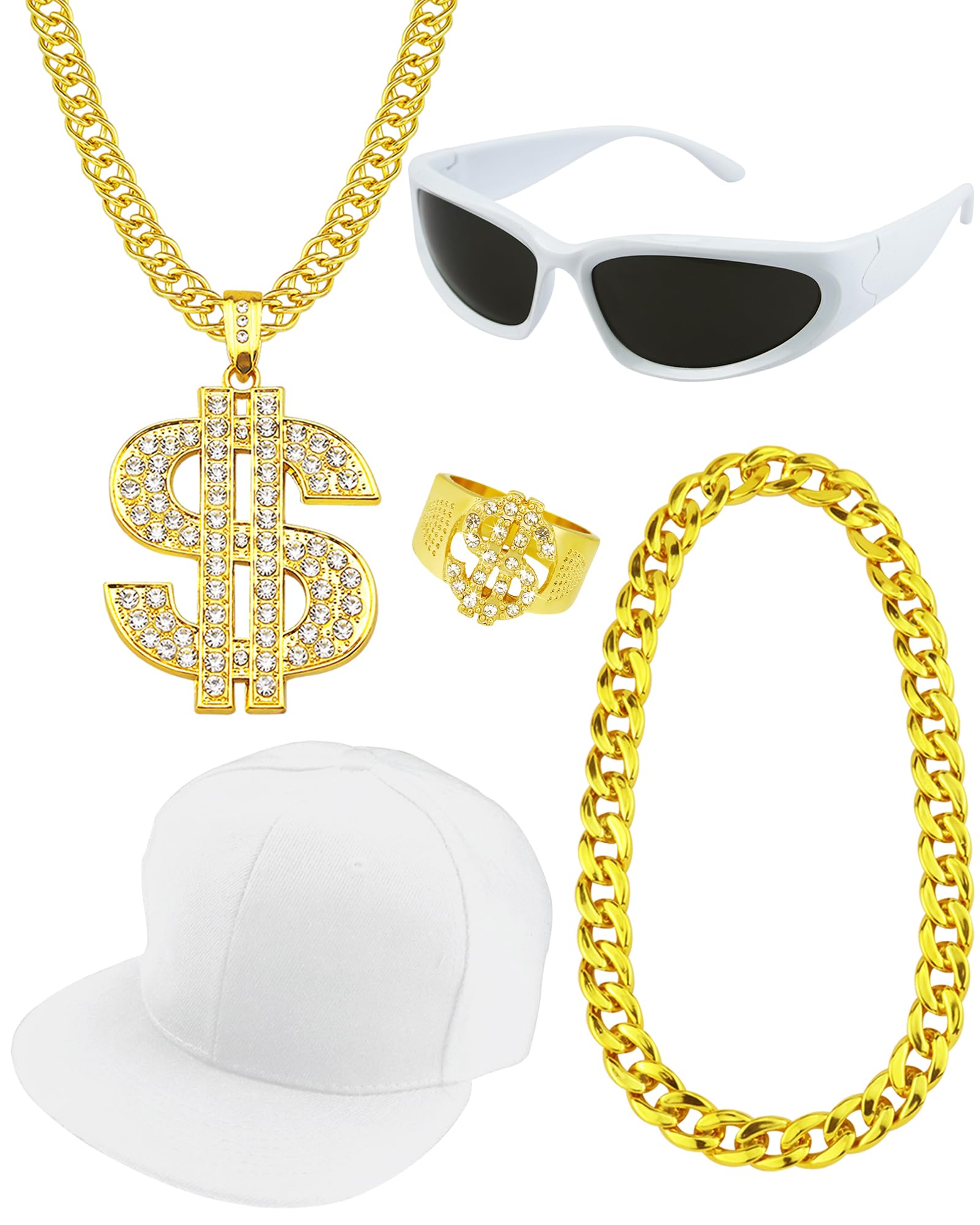 Photo 1 of Riuziyi 5 Pack Hip Hop Costume Kit Rapper Accessories 2000s 80s 90s Outfit Fake Gold Chain Sunglasses Ring Hat for Rapper (White & Gold)