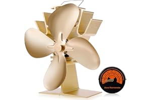 CWLAKON Wood Stove Fan Heat Powered, 4 Blades Silent Eco Stove Top Fans with Thermometer, Non Electric Fireplace Fan for Gas, Pellet, Wood Burning Stove, Gold