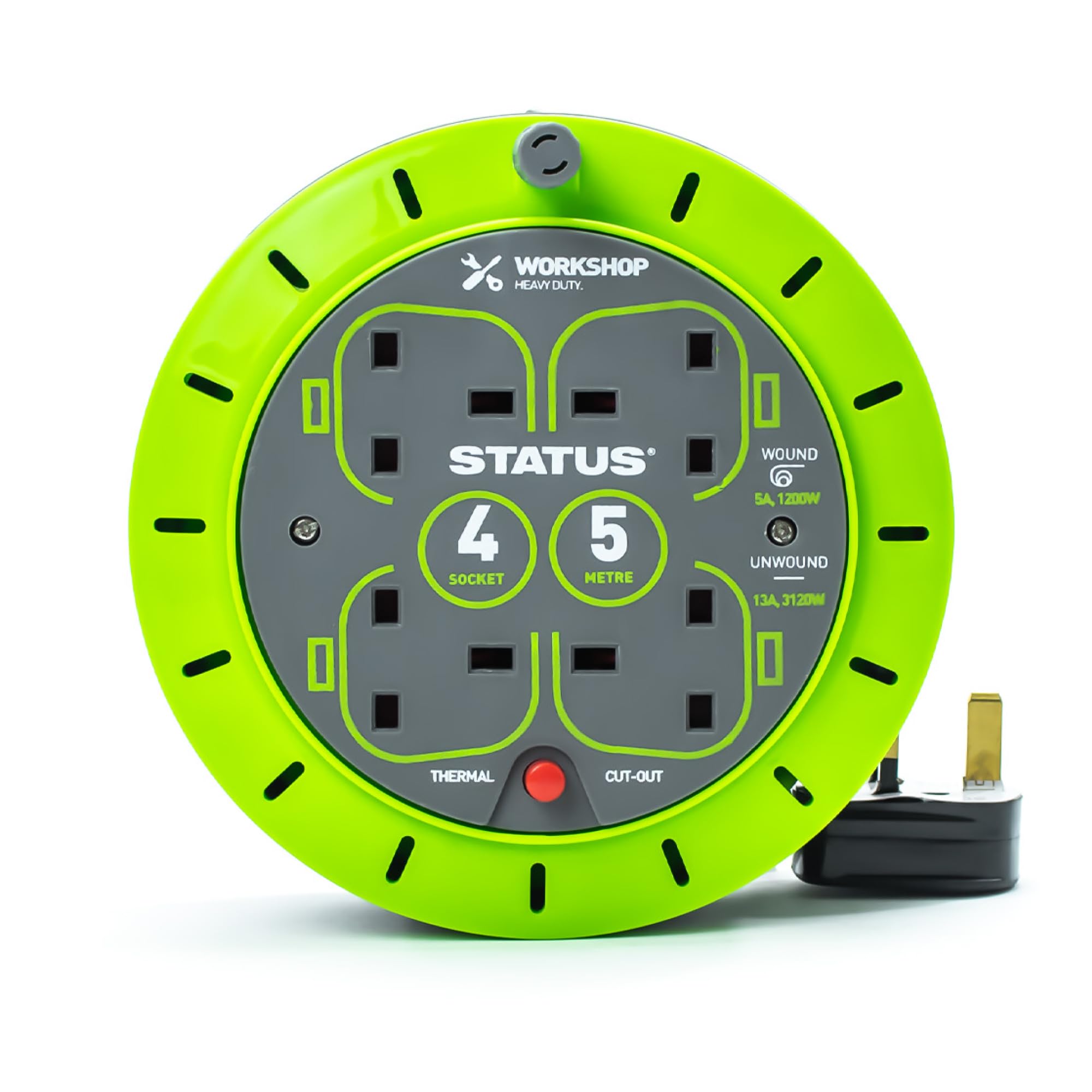 STATUS 4 Socket Cable Reel, 5m, Green, 13 Amp, Thermal Cut Out, Heavy Duty, Outdoor Extension Lead, Ideal for DIY, Garden, Home, Workshop Use (S5M13ACR5)