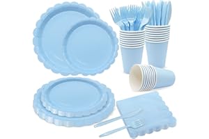 144Pcs Blue Party Supplies Blue Party Tableware Sets Serve 24 Guests Includes Paper Plates Cups Napkins for Wedding Baby Show