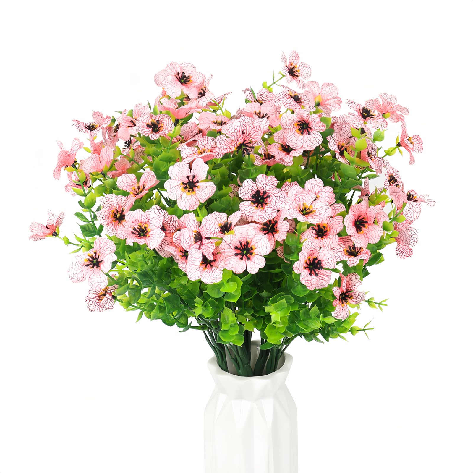 HBell 12 Bundles Outdoor Artificial Flowers UV Resistant Fake Boxwood Plants,Faux Plastic Greenery for Indoor Outside Hanging Plants Garden Porch Window Box Home Wedding Decor (Pink)