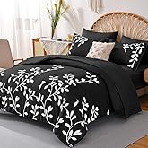 METAHOTS King Size Comforter Set - 7 Pieces White Floral Botanical Printed on Black King Comforter Set with Sheets, Soft Lightweight Microfiber Bedding Set for All Season(104"X90")