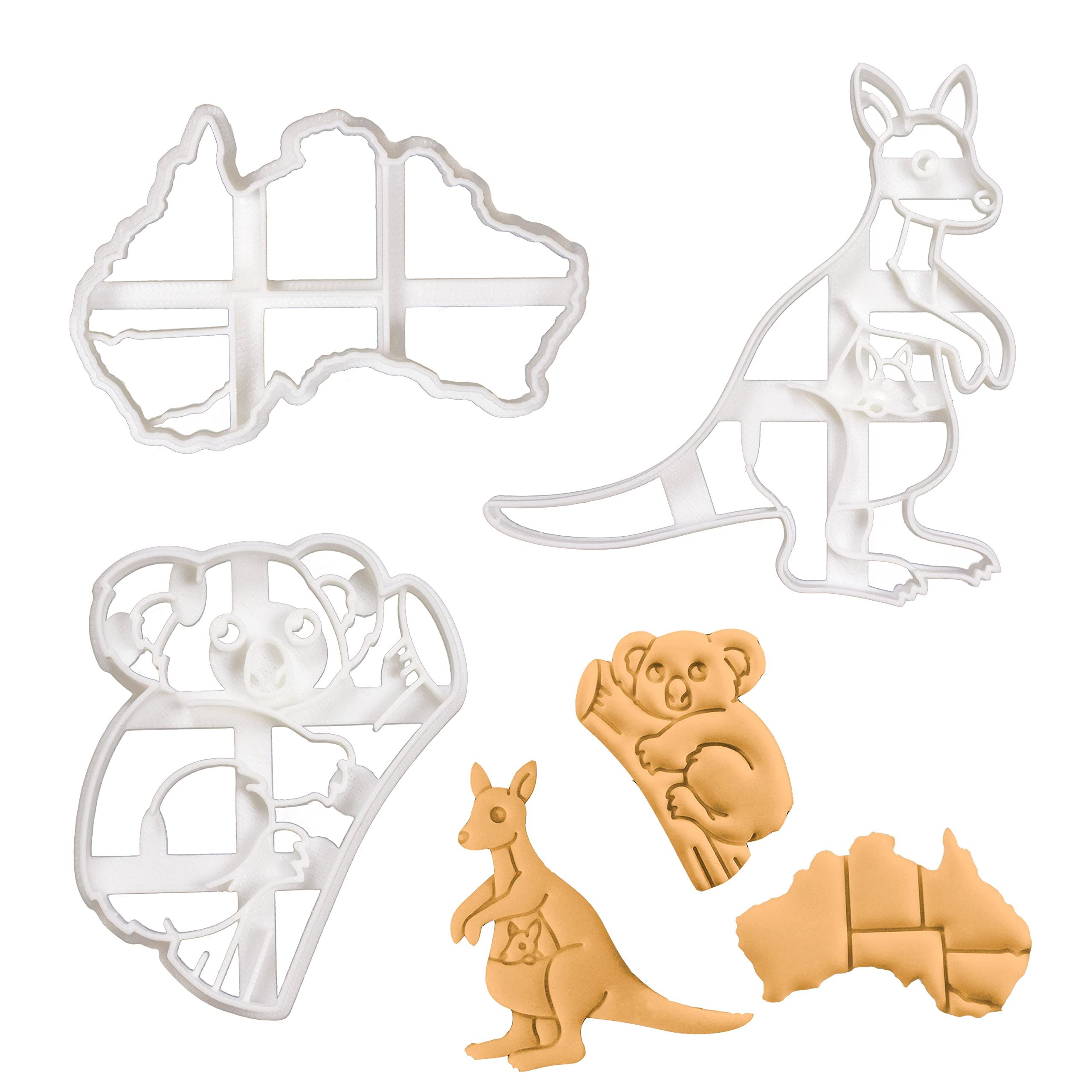 BAKERLOGY Set of 3 Australia Themed Cookie Cutters (Designs: Koala, Kangaroo and Australian Continent) - Detailed Biscuit Cutter Design for Baking and Crafts, Ideal on Fondant, Dough, Clay