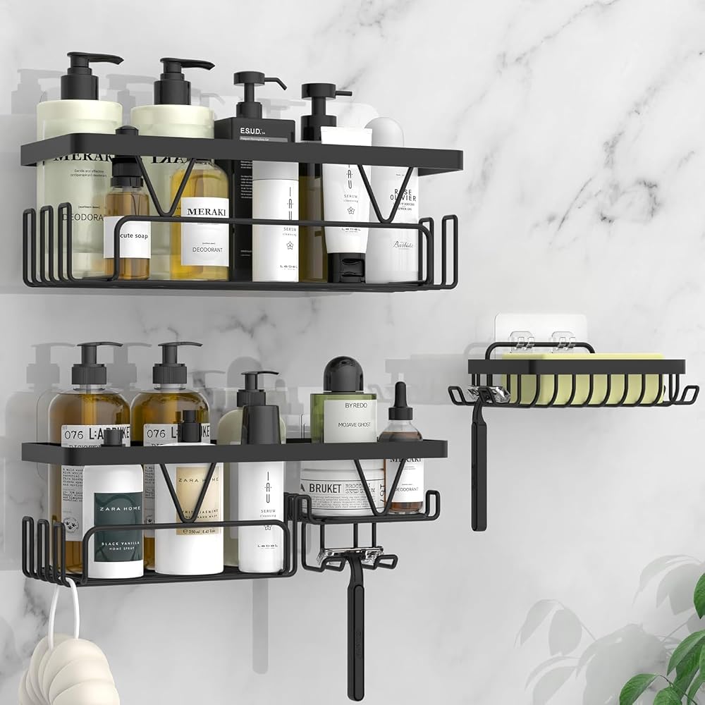 KEGII Shower Caddy 3 Pack No Drilling Adhesive Shelf with Hooks Black