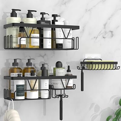 KEGII Shower Caddy 3 Pack No Drilling Adhesive Shelf with Hooks Black