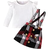 ChuYuKu Baby Girl Fall Winter 2Pcs Outfit Dress Clothes Set Ruffle Top + Plaid Suspender Skirt for Toddler Girl 9M - 4T