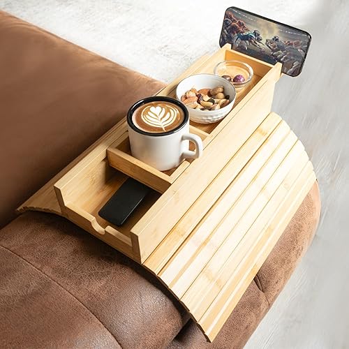 Zonfy Sun Couch Cup Holder Tray, Versatile Bamboo Sofa Armrest Tray with Detachable Drink Holder, Anti-Spill and Foldable Sofa Table for Snacks, Remote, Phone, and Beverages