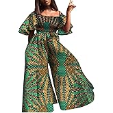 XIAOHUAGUA African Jumpsuits for Women Casual One Piece Ankara Kente Print Smocked Jumpsuit Wide Leg Long Pant Outfit