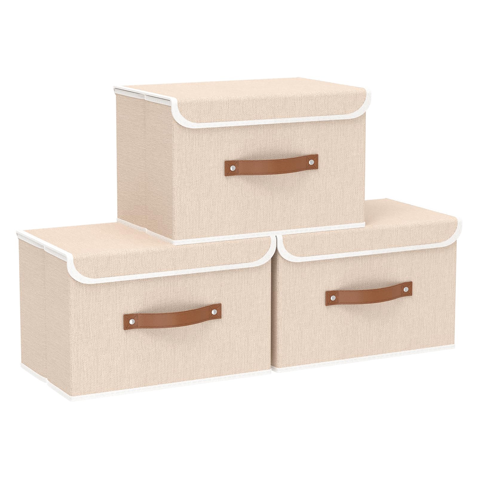 Yawinhe Collapsible Storage Box, Fabric Bin with Lids 3 Pack, Closet Baskets with Handle, for Organizing Clothes, 38x25x25cm, Beige, SNK018BE — image 1