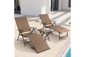 Crestlive Products 2PCS Chaise Lounge Chair Outdoor with 1PC Side Table, Aluminum Folding Patio Recliner Chair, Adjustable 8 Positions Assemble-Free