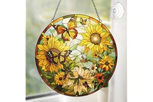 TUFEU Sunflower Decor Suncatcher Stained Glass Window Hanging - Butterfly Stained Glass Suncatchers for Windows - Sun Catchers Indoor Window with Chain and Hook - Sunflower Gifts for Women Mom Teacher Gift