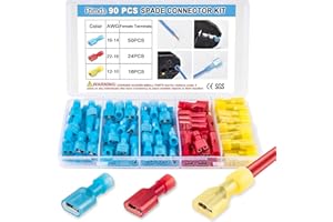 Ftimda 90PCS Female Spade Connector Kit, Nylon Spade Wire Terminal Connectors for 12-10, 16-14, 22-16 AWG Wire, Quick Disconnect Fully Insulated Crimp Terminals for Auto, Speaker and Stereo Wiring