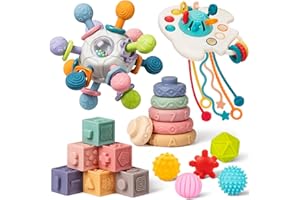 JYUSMILE Baby Toys 6 to 12 Months, 5 In 1 Montessori Toys for 1 Year Old, Incl Travel Pull String Toy & Rattle Teether & Stacking Baby Block & Soft Infant Ring & Sensory Ball for Toddler 0-3-6-9-12 Month