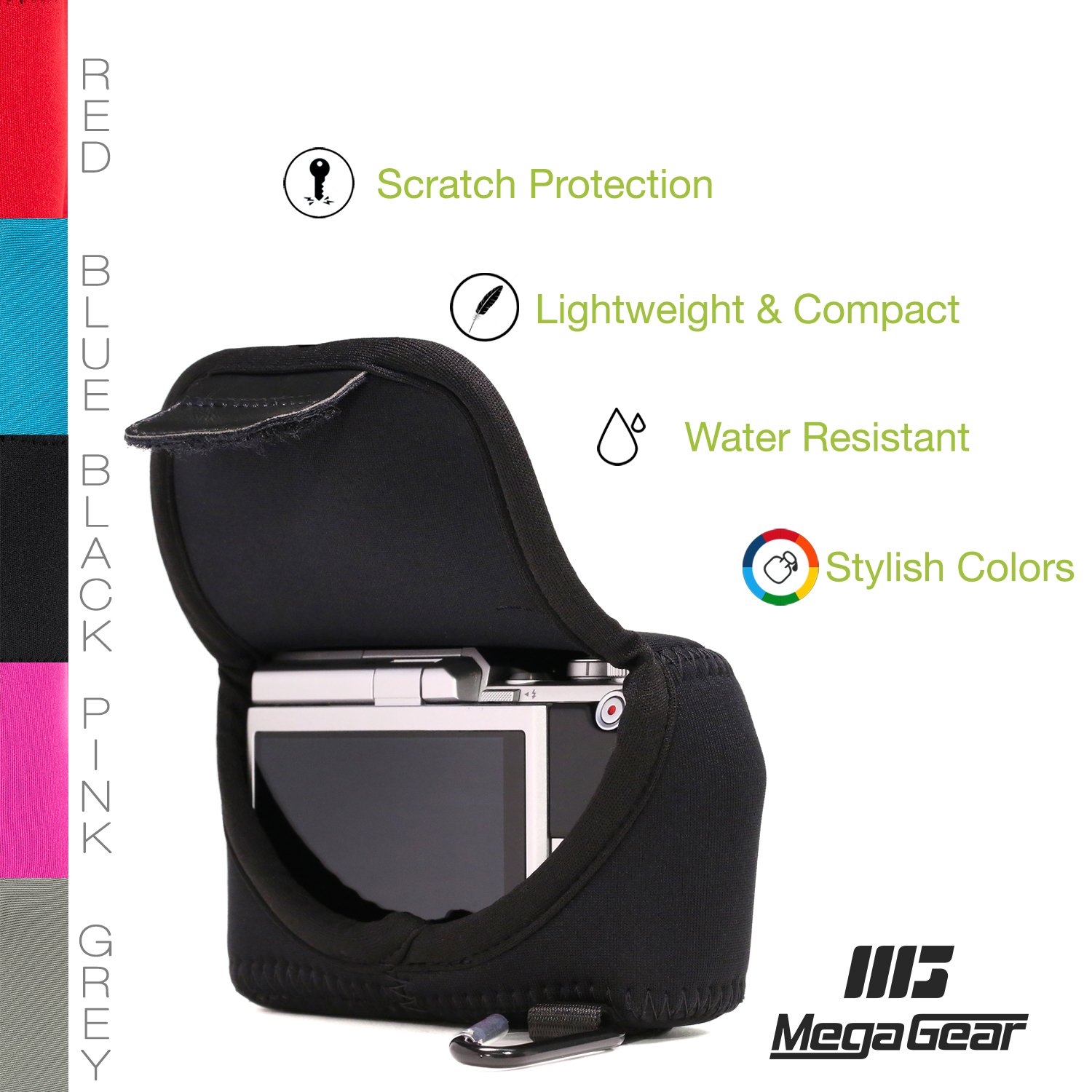 MegaGear ''Ultra Light'' Neoprene Camera Case Bag with Carabiner for Nikon 1 J4, Nikon 1 J5 with 10-30mm (Black)