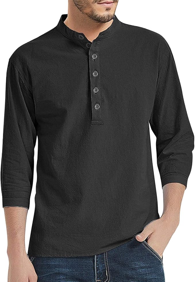 Mens 3/4 Sleeve Cotton Linen Solid Color Henley Shirts Button Collar