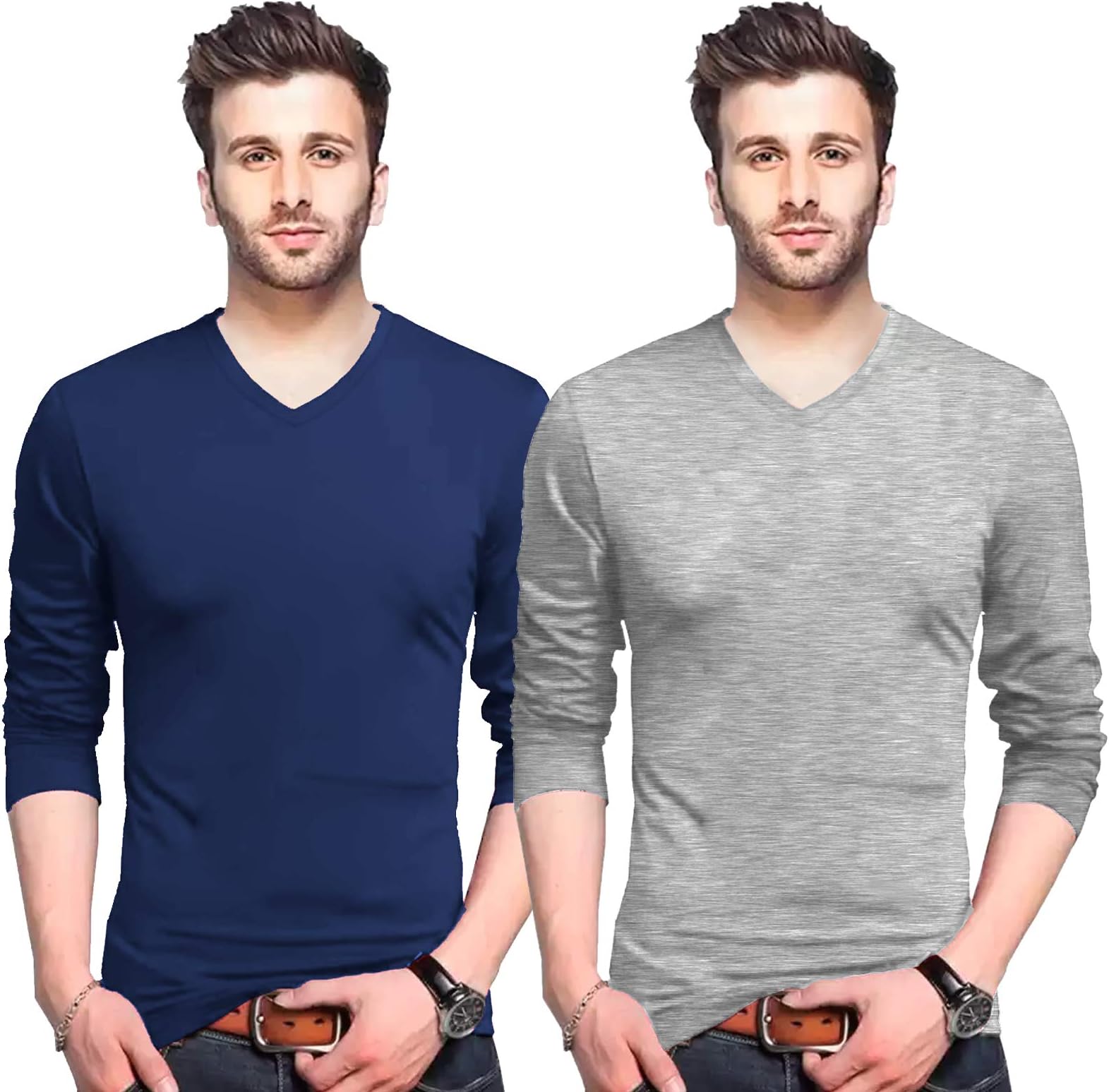 Wild Thunder Men Combo T Shirts - Full Sleeve V Neck Plain 100% Cotton T Shirt - Navy Blue and Grey Colour Combo Full Hand V Neck Cotton T Shirt