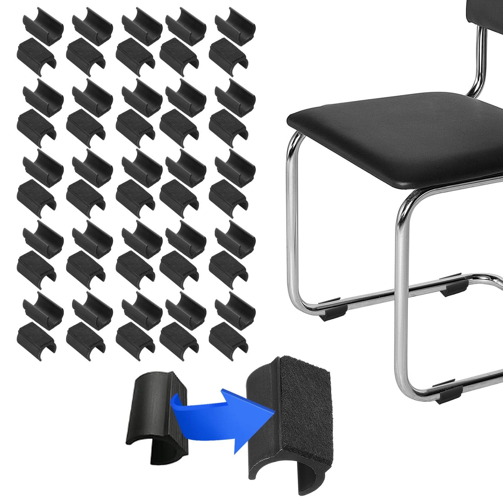 PATIKIL Rectangle U Shaped Chair Leg Tips Caps with Felt Pads, 50 Pack Slide Smoothly Furniture Feet Floor No Scratches No Noise Protectors Protect Hardwood Floors Fit Dia 22 mm Leg, Black