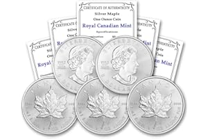 MINT STATE GOLD 2023 - Lot of (5) 1 oz Canadian Maple Leaf Silver Bullion Coins Brilliant Uncirculated with Certificates of Authenticity $5 Seller BU