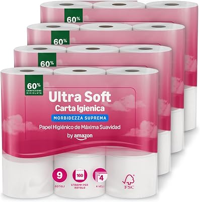 , Carta Igienica Ultra Morbida, 4 Veli, 36 Rotoli (4 Confezioni da 9), 160 Strappi per Rotolo, Certificata FSC