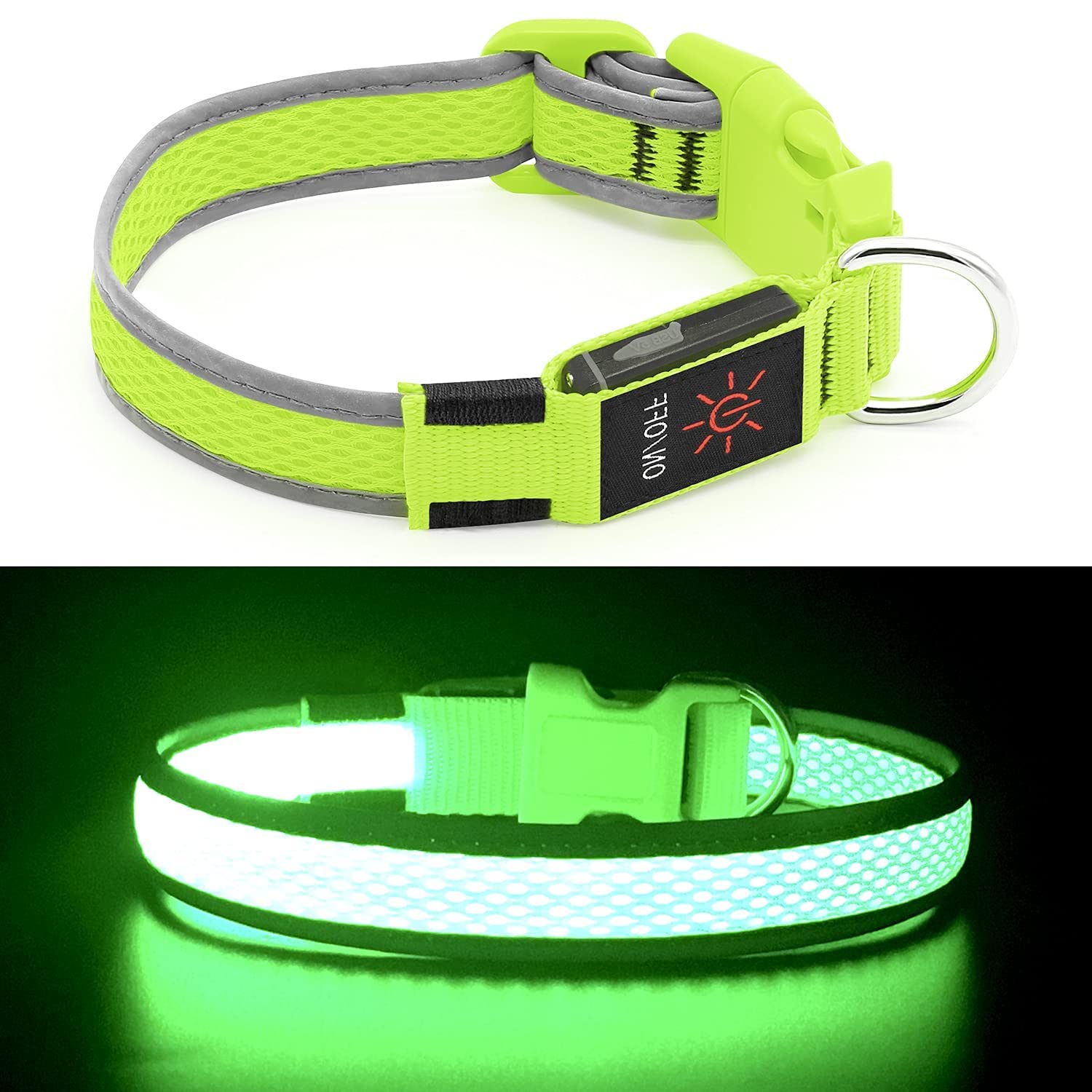 YFbrite Light up Dog Collar, Rechargeable LED Dog Collar, Flashing Dog Collar, Adjustable Reflective Dog Collar Safety Glowing at night (Green, Medium)