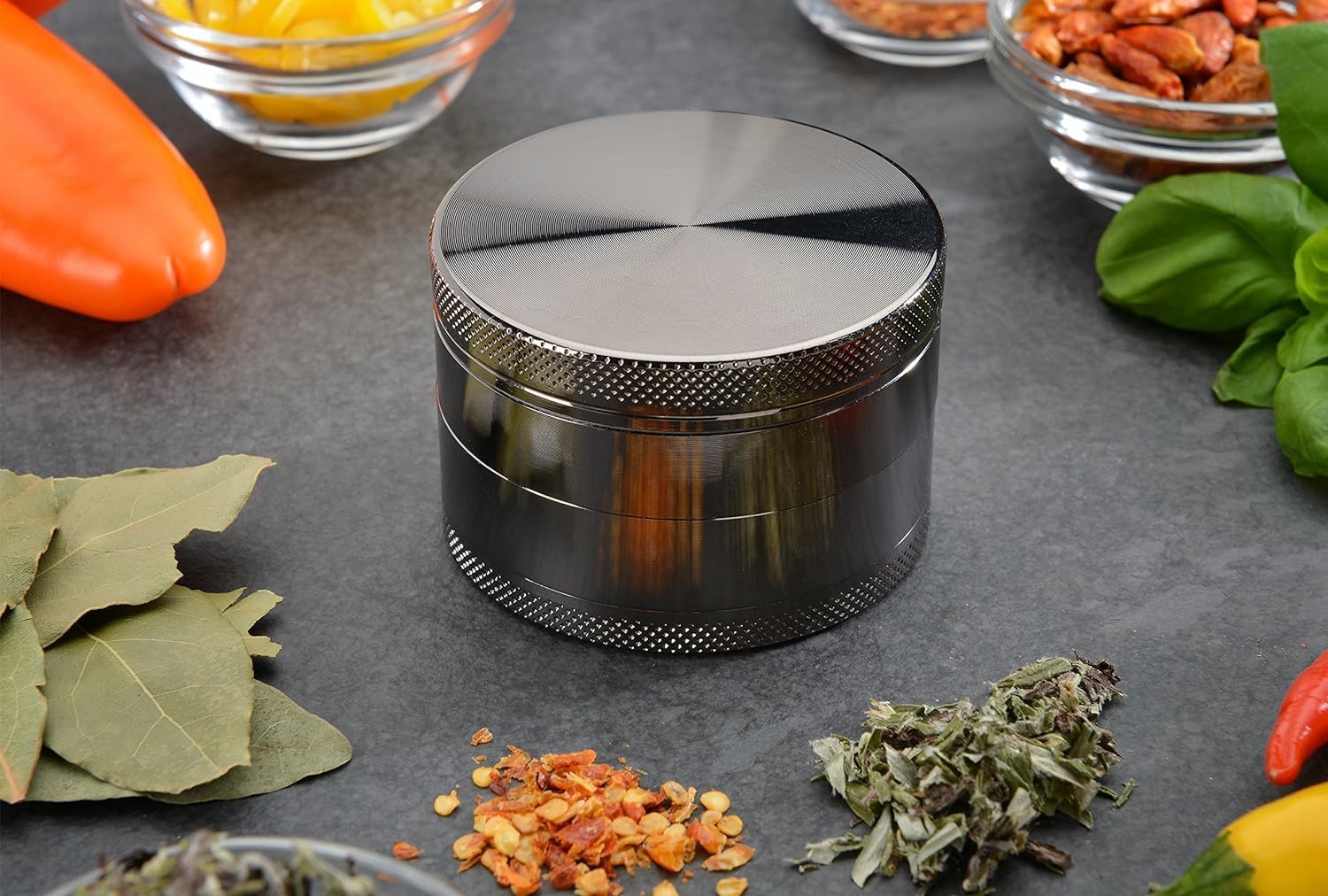 Four Piece Premium Zinc Alloy Silver Herb Grinder - Higher Quality, Portable with Mesh Screen Pollen Scraper and Magnetic Top Cover - 2.1 Inches (50 mm)