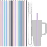 Tomorotec 15PCS Silicone Drinking Straws Fit for Stanley 40oz 30oz Tumbler | 12&rdquo; Reusable Long Straw Fit for 40oz Stanley Cups &amp; Simple Modern Tumbler, Trim to Fit, Chew Friendly, 2 Brushes (Macaron)