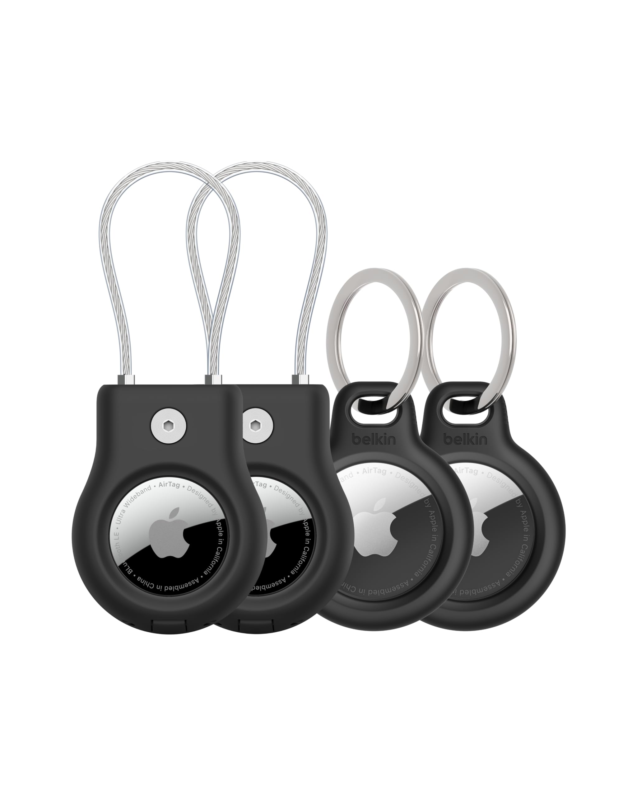 Belkin Apple AirTag Secure Holder w/Key Ring + Wire Cable, Scratch-Resistant Case with Open Face & Raised Edges - Protective AirTag Keychain Accessory for Keys, Pets, Luggage, & More - Black (4-Pack) Image