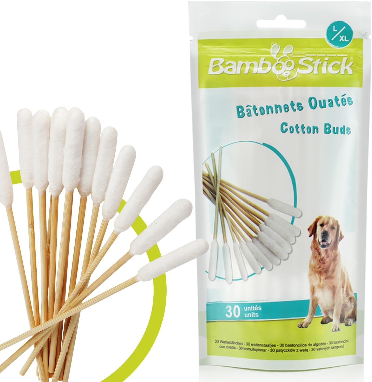 BambooStick Bamboo Cotton Buds for Medium and Large Dogs (30 L/XL Buds) -Safe and Easy Ear Wax Removal - Designed by French Vet