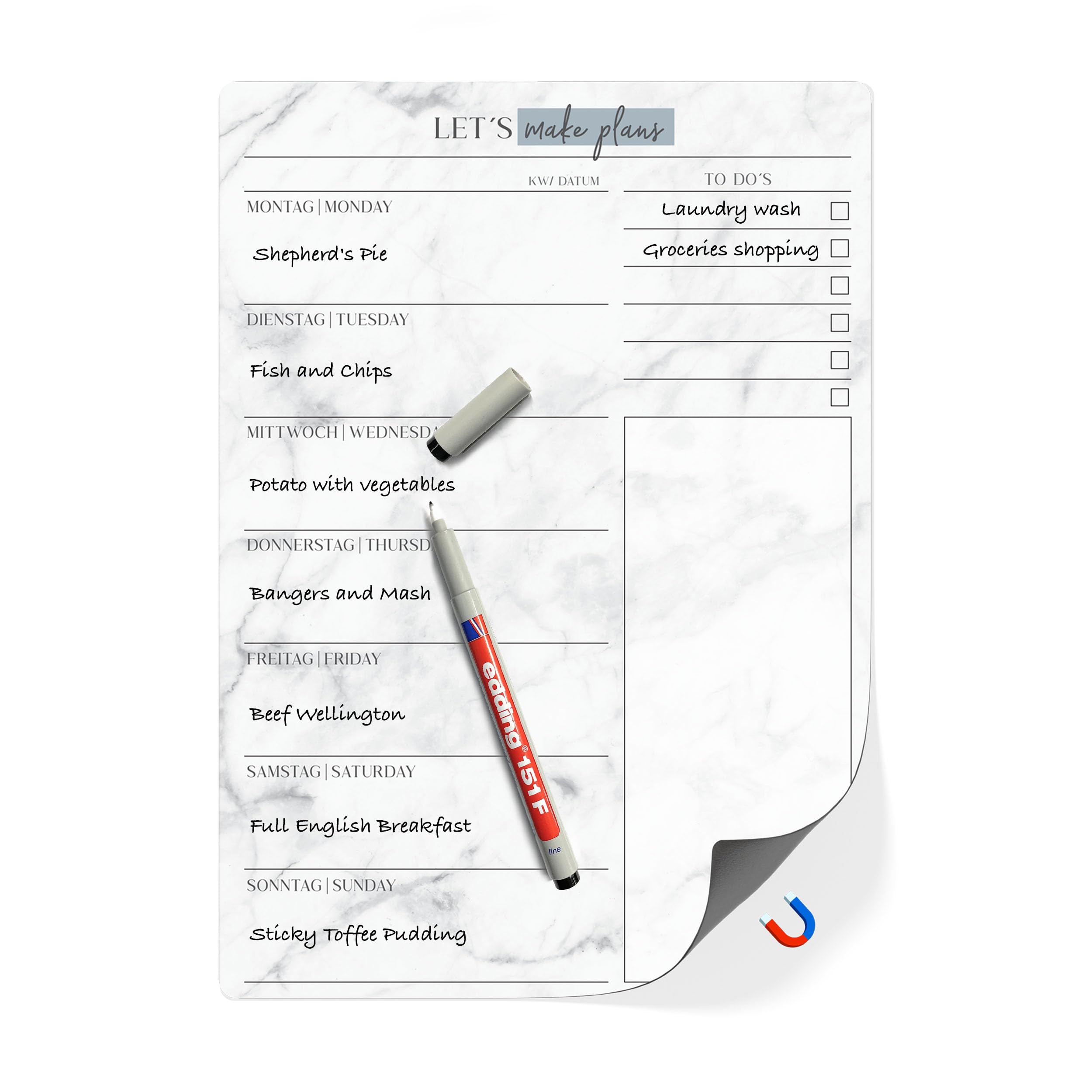 TOBJA® Magnetic Meal Planner Board Including Pen - Magnetic Whiteboard for Fridge | A4 Weekly Planner Meal Plan (Magnetic)