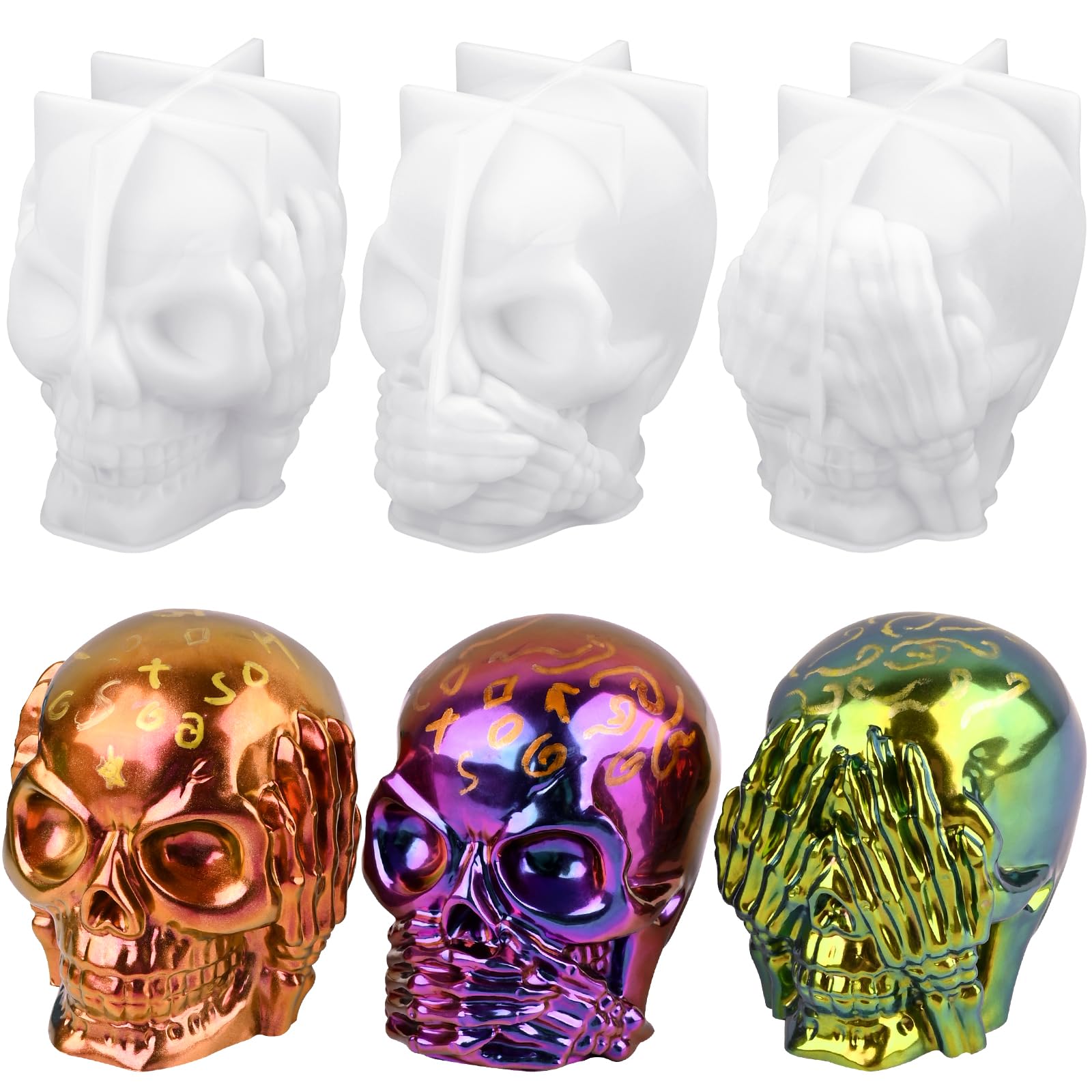 Photo 1 of Actvty Skull Resin Molds, 3 Pieces Hear-no, Speak-no, See-no Evil Skull Silicone Molds for Resin Casting, 3D Skull Epoxy Molds for DIY Resin Crafts, Halloween Home Decor, translucent