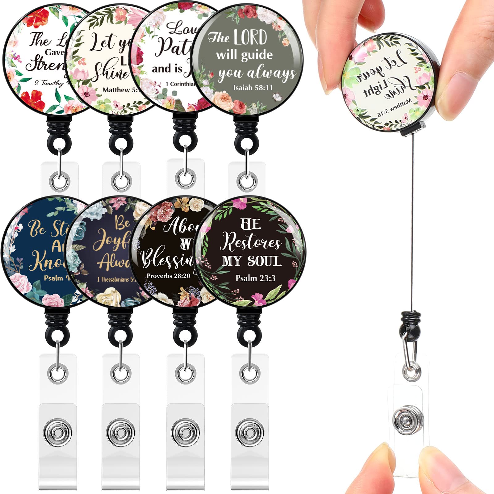 Zonon 9 Pieces Christian Badge Reel Bible Verses Retractable ID Badge Holder Motivation Quotes Inspirational Scripture Name Badge Clip Decorative Badge Holder for Nurses Doctors Teachers