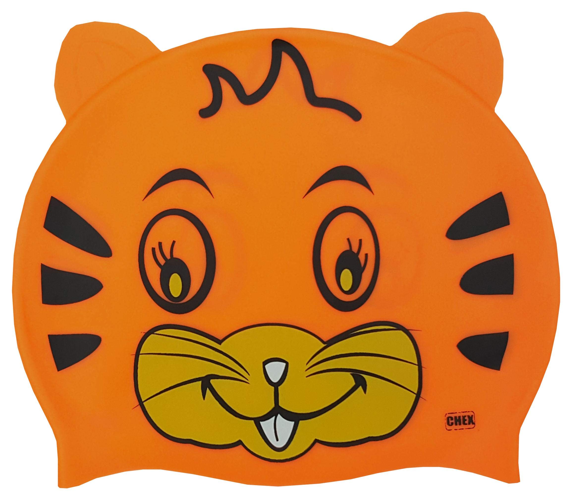 CHEX Stretchy Silicone Unisex Girls Boys 3-7 Years One Piece Swimming Hat Swim Cap Kitten Cat Print Design & Ears One Size Pull On Swim Hat (Orange)
