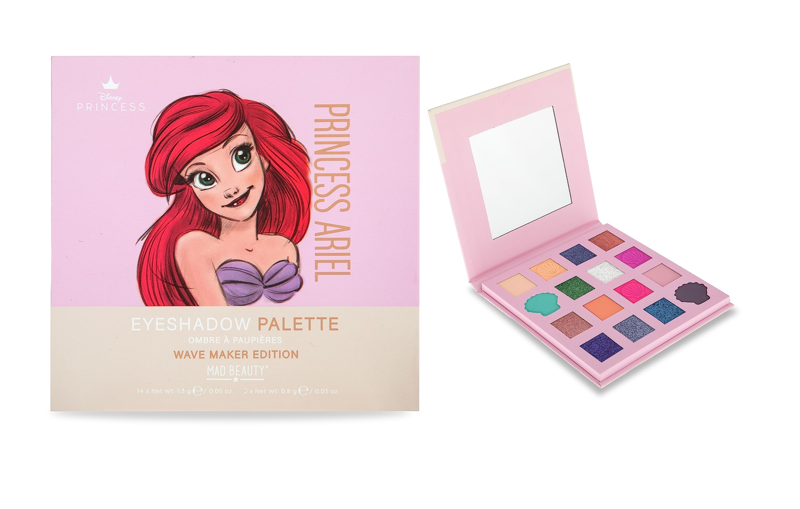 MAD BEAUTY Disney Pure Princess Ariel Little Mermaid Sixteen Shade Palette With Mirror, Self-Care Cosmetic Gift
