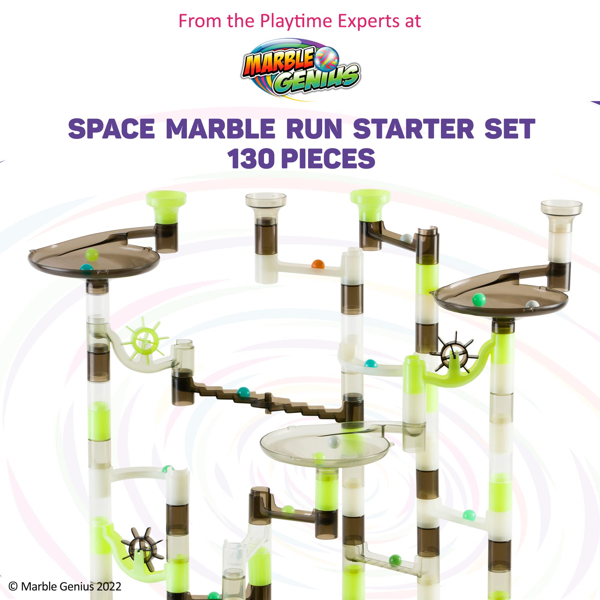 Marble Genius Marble Run Starter Set STEM Toy for Kids Ages 4-12 - 130 Complete Pieces (80 Translucent Marbulous Pieces and 50 Glass Marbles), Construction Building Block Toys, Theme (Space)
