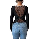 SweatyRocks Women's Lace Long Sleeve Tops Mesh Scoop Neck Going Out Tee Shirts