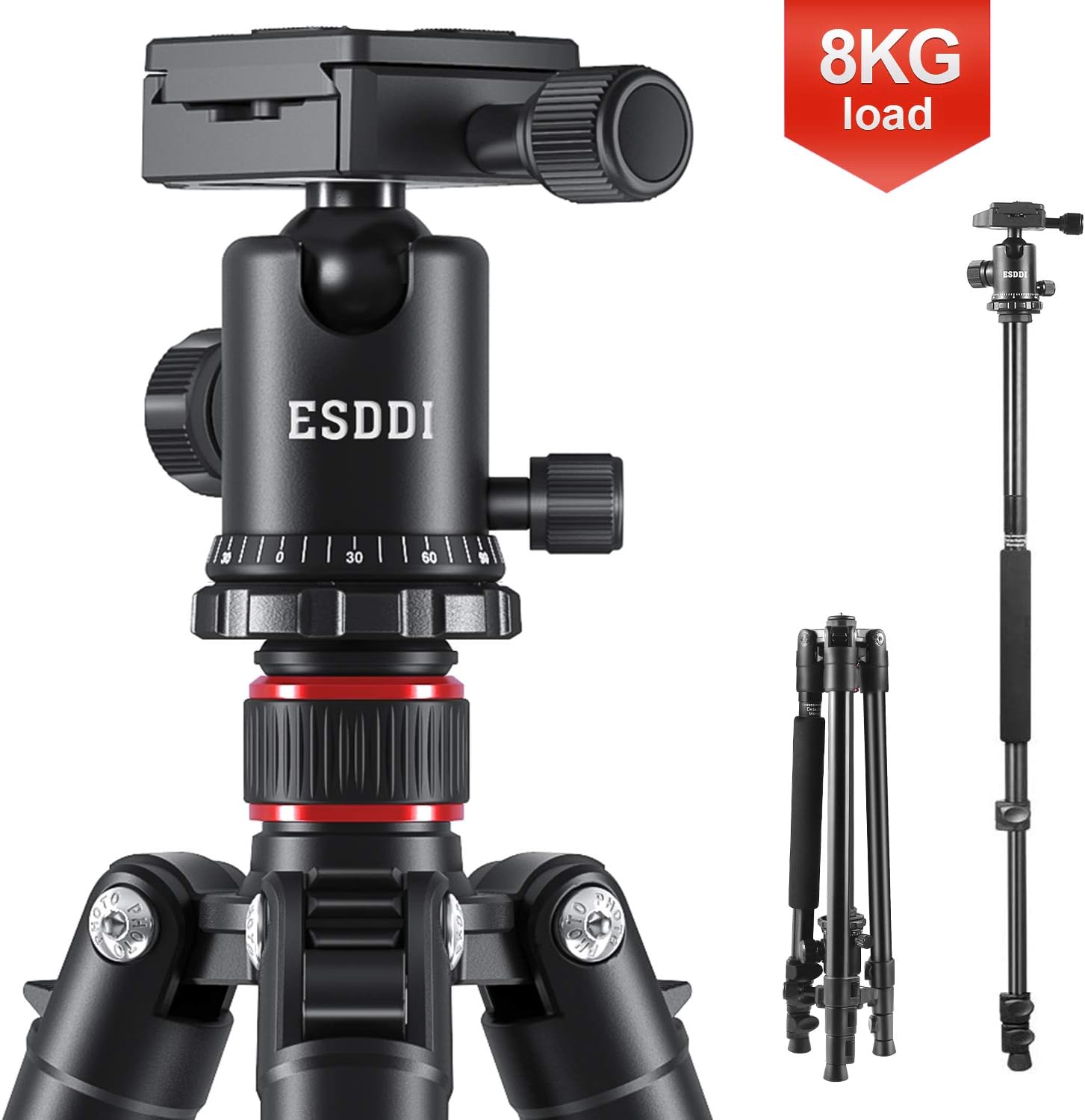 Camera Tripod, ESDDI 64 Inches Aluminum Tripod with Monopod 360 Degree