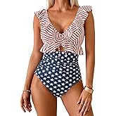 Eomenie One Piece Swimsuit for Women Tummy Control Ruffle Bathing Suit V Neck Ruched Swim Suit Slimming Cutout Swimwear