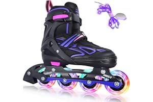 BELEEV Inline Skates with Light-Up Wheels & Shoelaces, 4-Size Adjustable Roller Blades for Kids, Boys & Girls Ages 5-8, 8-12, 6-12, Illuminating Skates for Youth & Women, Beginner Outdoor/Indoor Use