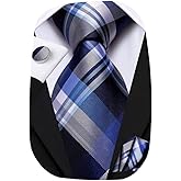 Hi-Tie Mens Plaid Ties Classic Paisley Necktie with Handkerchief Cufflinks Set Business Stripe Tie