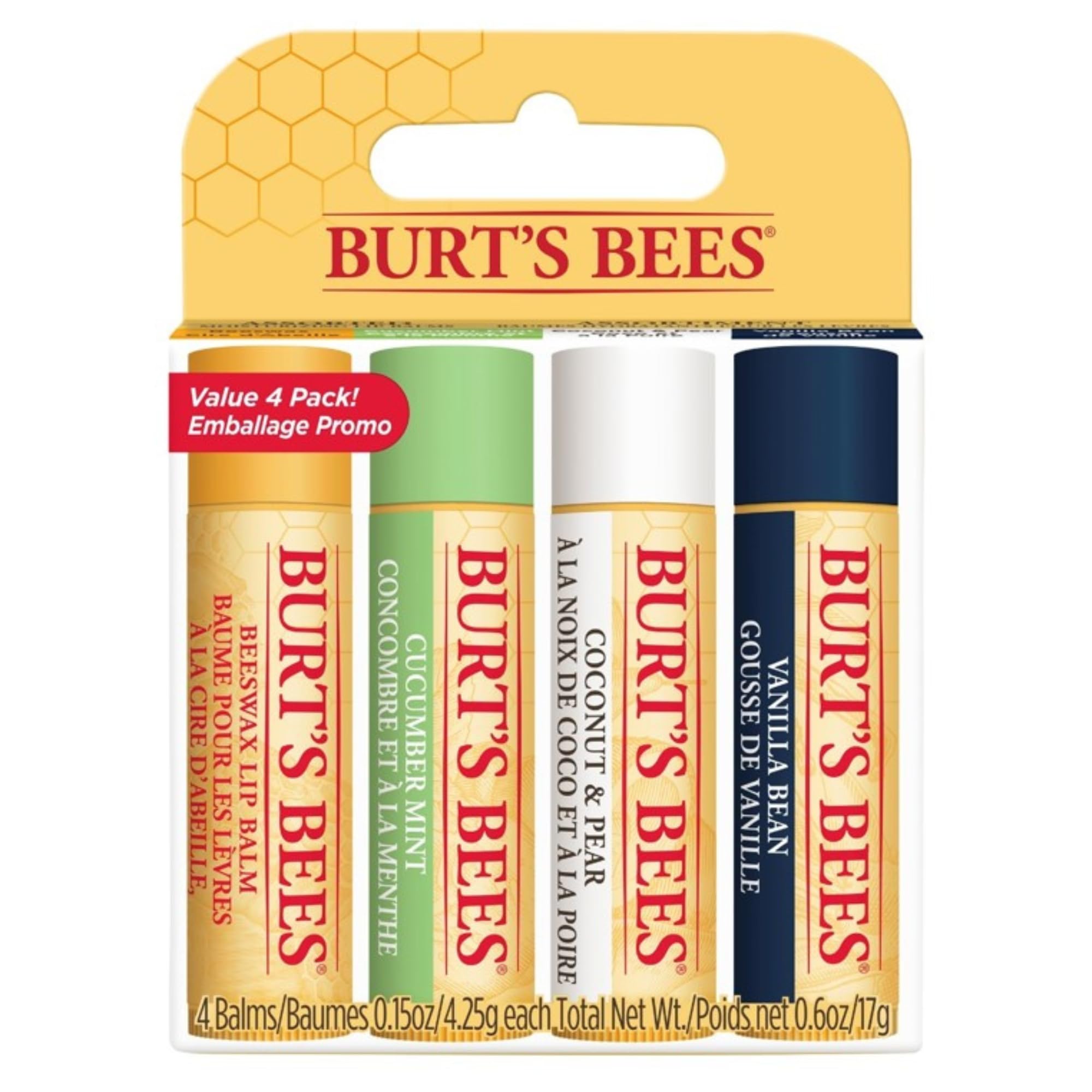 Burt's Bees Lip Balm Multipack, Lip Balm Set,Beeswax,Cucumber Mint,Coconut & Pear, Vanilla Bean,Best of Burt's, 4x4.25g