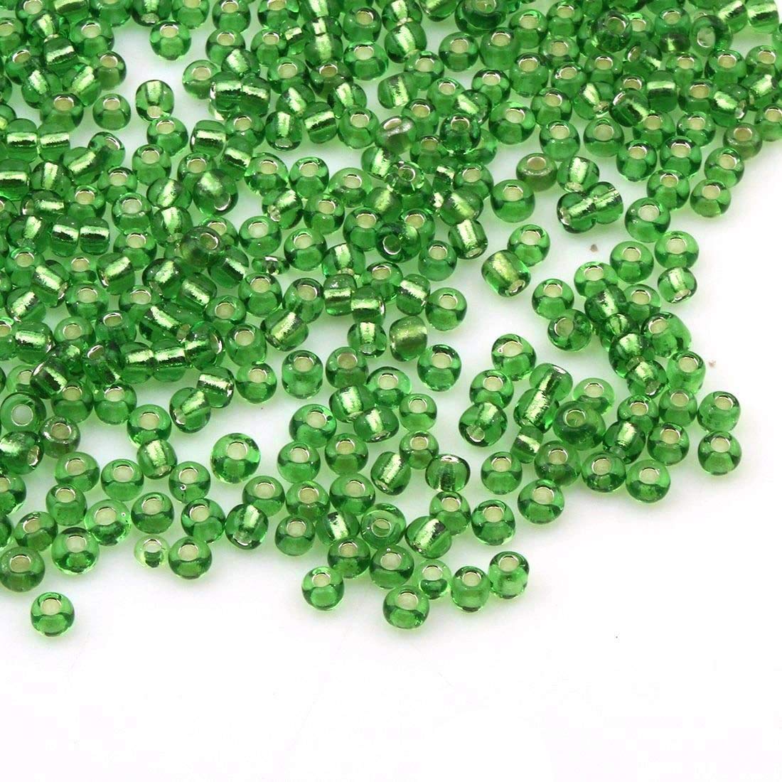 Pack of 1100 Glass Seed Beads 4 mm, 6/0, Pony Beads, Clear Mini Children's Beads, Seed Beads, Choice of Colours (Green Silver Insert)