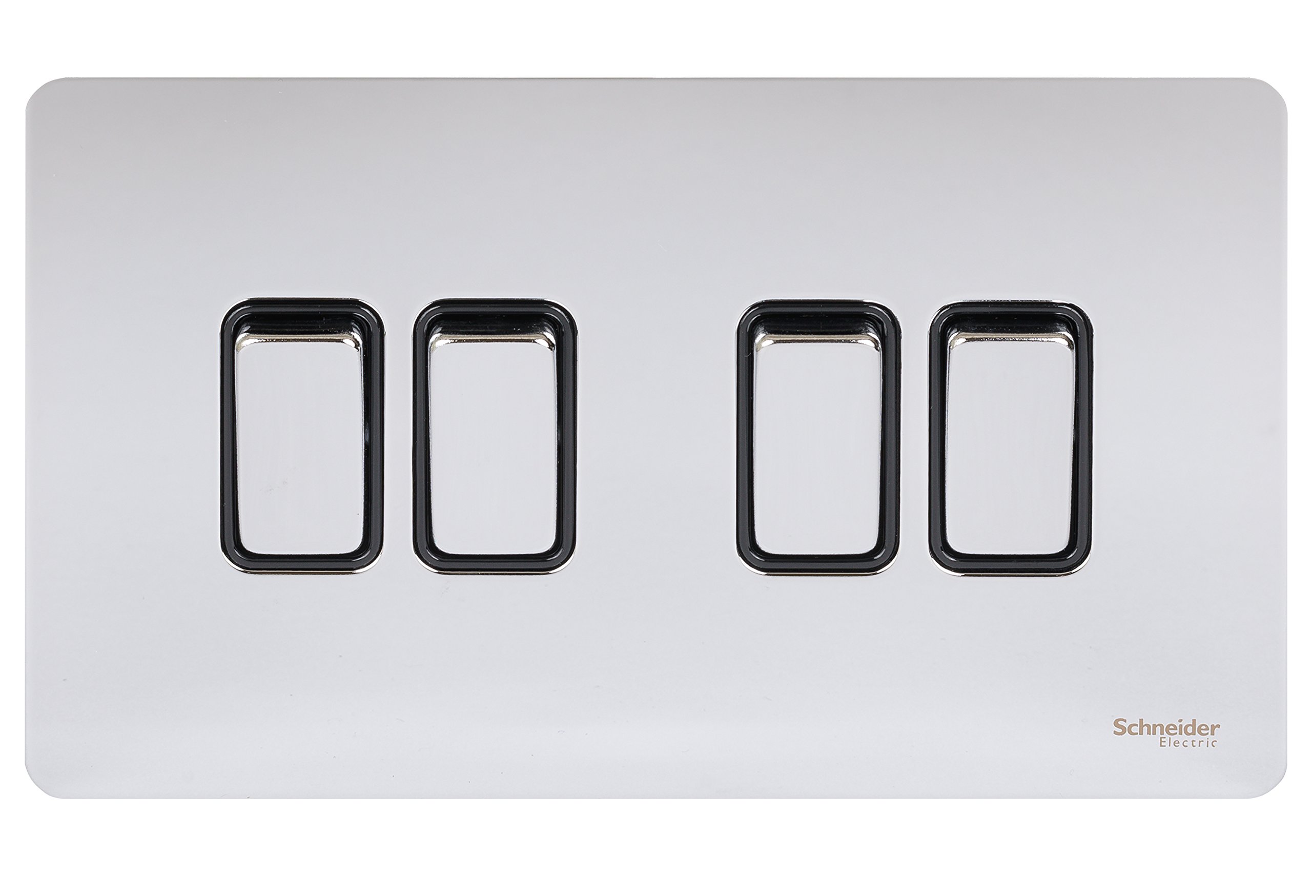 Schneider Electric Ultimate Screwless Flat Plate - 4 Gang Rocker 2 Way Light Switch, Single Pole, 16AX, GU1442BPC, Polished Chrome with Black Insert