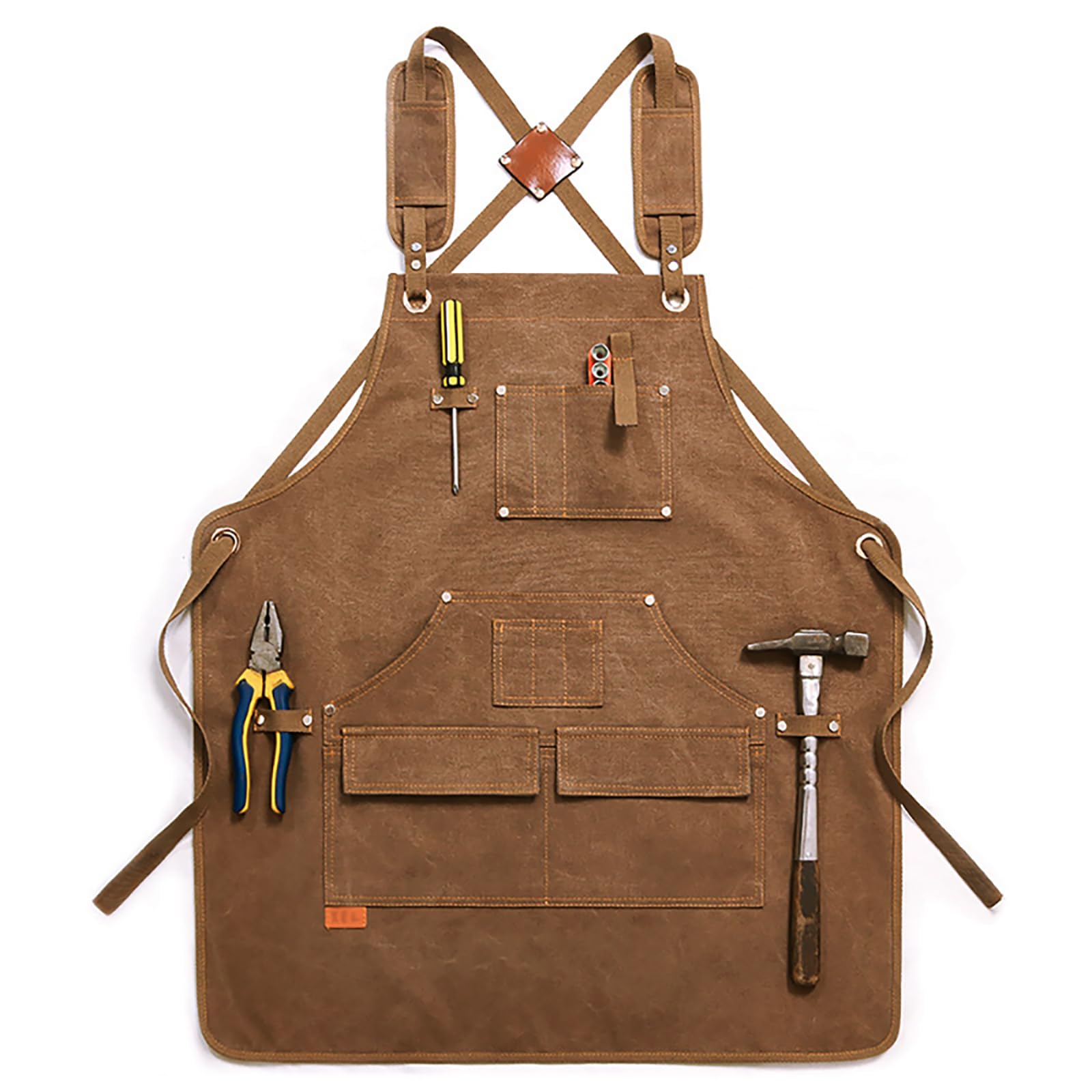 aolaso Canvas Work Apron, Heavy Duty Tools Apron with Cross-Back Straps for Men, Carpenters, Woodworker (Brown)