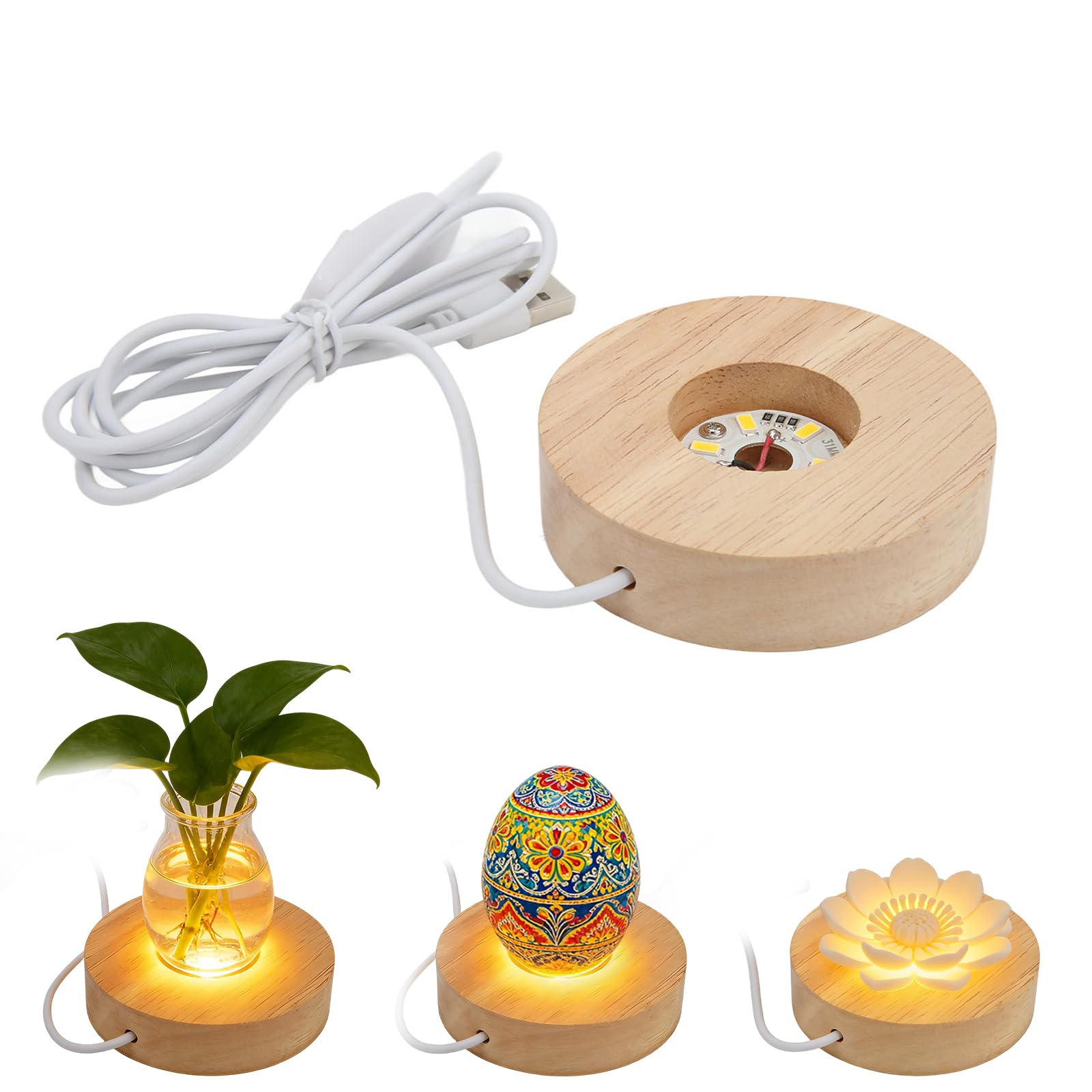 Hapivida LED Display Base, Premium Wooden LED Light Base with USB Power, 8cm Diameter, Solid Oak for Crystal Glass Art and Jewelry Display
