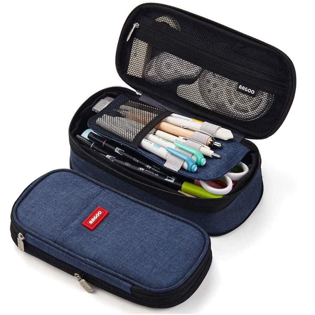 iSuperb Pencil Case Large Capacity Student Dark Blue Pencil Bag Canvas Pencil Pouch for Girls Boys ，Pen Stationery Storage Bag Double Zipper Pencil Organizer School Office