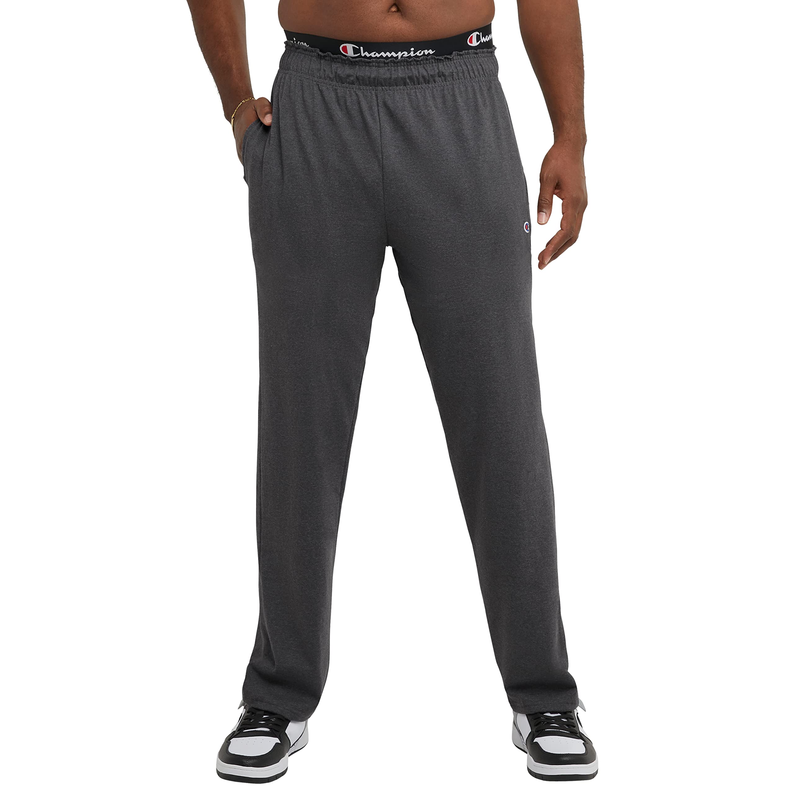Photo 1 of Champion Men's Open-Bottom Lounge Pants, Standard Fit, Lightweight, Available in Regular and Big, Granite Heather-C Patch Logo, 3X-Large Tall